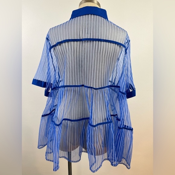 C Yard Blue Sheer Striped Button Front Peplum Top, Size Large - Picture 3 of 12